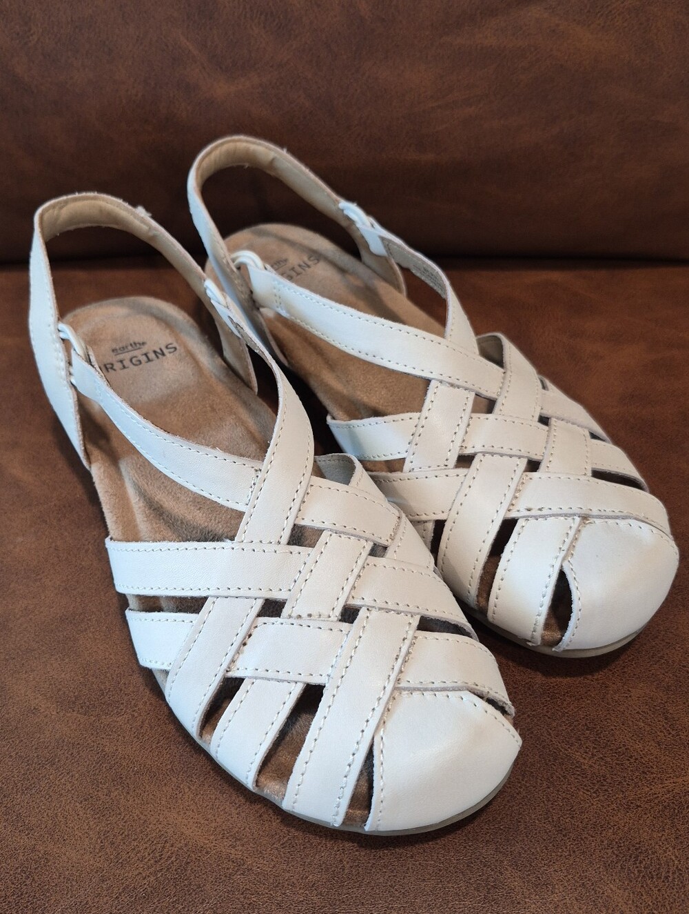 Earth Origins Berri Leather Fisherman Sandal Sand White Close-toe Slingback Sz 7